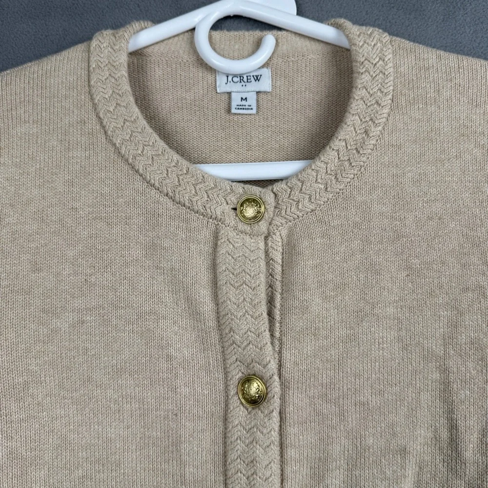 J.Crew Emilie Cardigan Sweater Beige Tan Gold Button Cotton Blend CG824 Womens M - Picture 3 of 8
